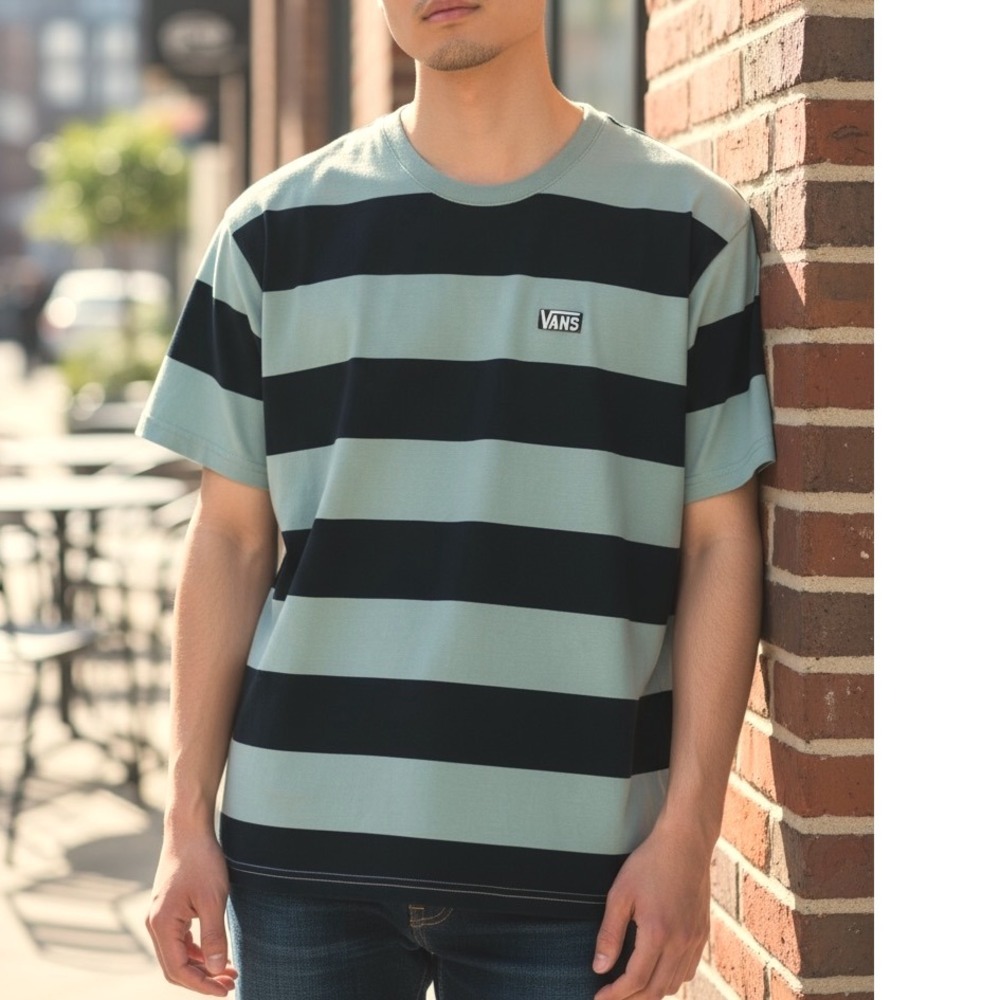 Vans Rugby Striped T-Shirt Men's M Short Sleeve Logo Green Black Cotton- Retro